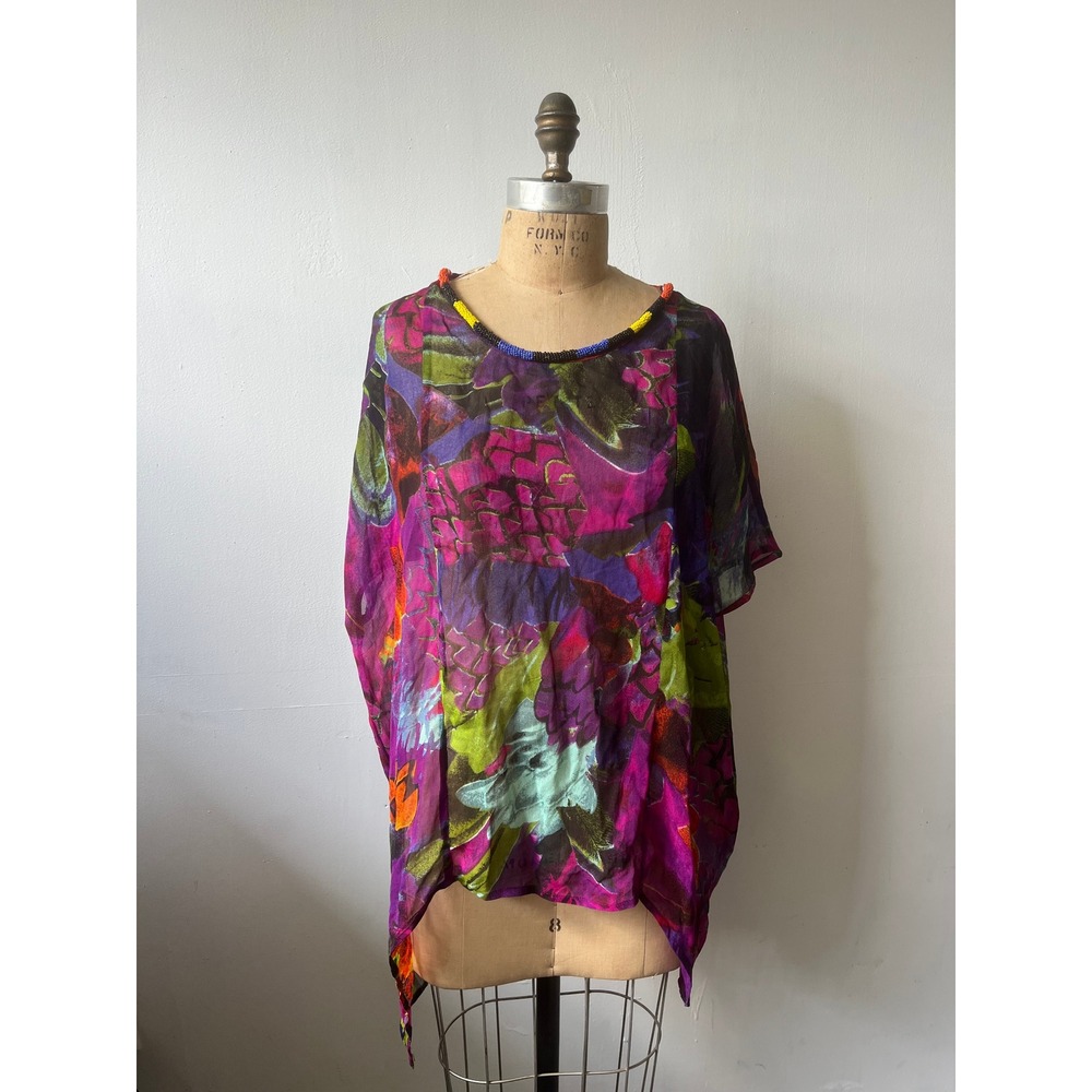 Alberto Makali Beaded Neckline Floral Print Sheer Viscose Blouse Top Purple M